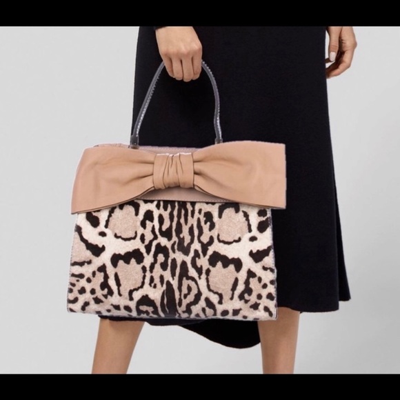 Valentino Aphrodite top handle calf hair leopard print bow satchel shopper bag - Picture 2 of 16